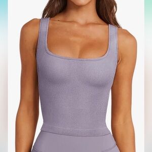 NWT  Sports Bra Ribbed Seamless Wirefree Padded Long Tank Tops Square Neck Large